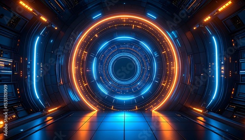 Futuristic tunnel with glowing rings