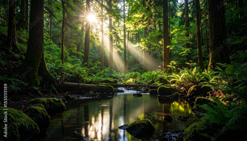 Fototapeta premium Serene Sunlight Filtering Through Lush Forest Canopy.
