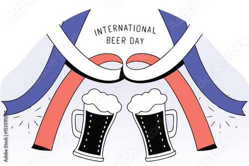 Hand drawn international beer day celebration design featuring festive illustrations