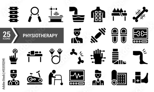 25 Black Glyph Icons for Physical Therapy and Rehabilitation.