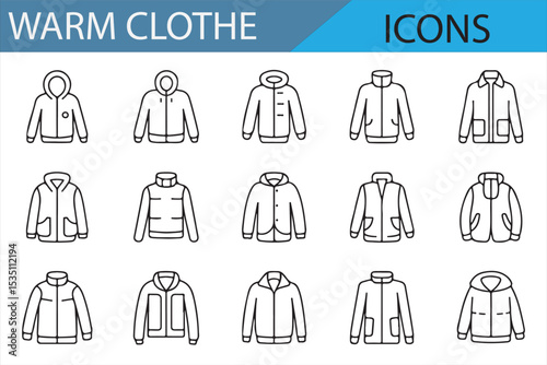 A collection of warm clothing icons featuring various jacket, coat, and hoodie designs, perfect for cold weather, ideal for fashion or winter-related projects.