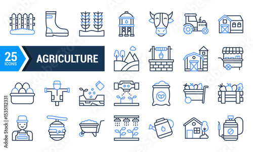 A set of 25 blue line icons representing agricultural equipment and tools.