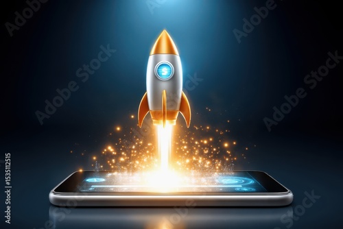 Ecommerce Marketing Strategy Concepts. A digital rocket launches from a smartphone screen, symbolizing innovation, technology, and mobile app growth.