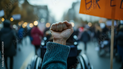Protestor raising a clenched fist in solidarity during a demonstration