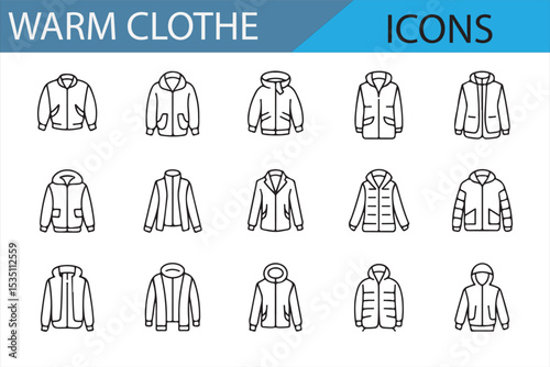 A set of line-drawing icons for winter jackets, coats, and hoodies in flat design