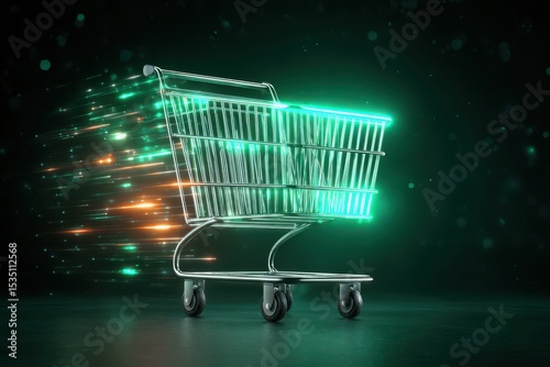 Ecommerce Marketing Strategy Concepts. A futuristic shopping cart illuminated with neon lights speeds through a dark space, symbolizing rapid online shopping or e-commerce growth.