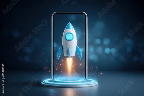 Ecommerce Marketing Strategy Concepts. A futuristic rocket launches digitally from a smartphone screen, symbolizing innovation and technology-driven growth.