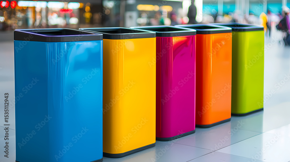 Fototapeta premium A row of five brightly colored recycling bins in blue, yellow, pink, orange, and green, placed indoors in a public space with blurred background details.