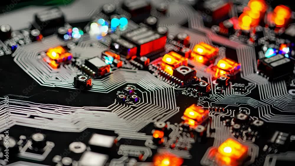 Digital chip glows blue in processor unit. Micro components link across ...