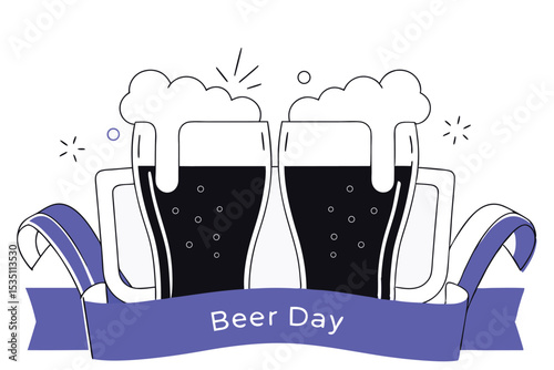 Hand drawn international beer day celebration design featuring festive illustrations and typography