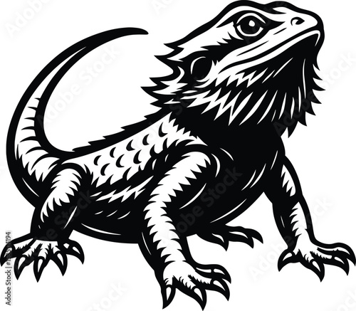 detailed black and white illustration, bearded dragon lizard, high contrast, crisp details, intricate scales, dynamic pose, digital art
