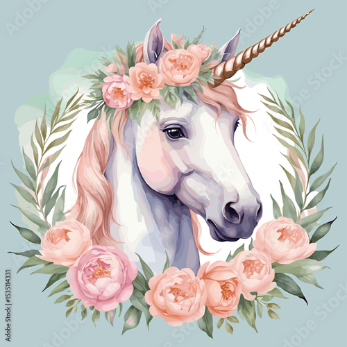 Enchanting Unicorn with Floral Crown and Pastel Colors in Whimsical Watercolor Illustration