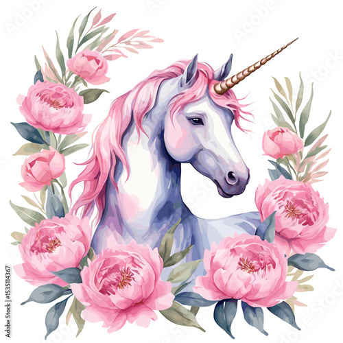 Enchanting Unicorn with Pink Mane Surrounded by Lush Peonies and Greenery in Watercolor Style