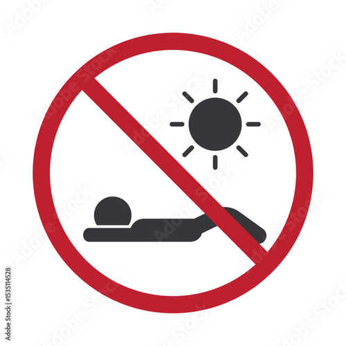 Isolated prohibition sign warning about sun heat danger, avoiding beach sunbathing due to ultraviolet exposure and skin cancer risk.