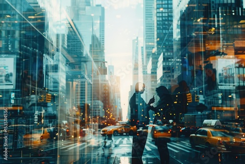 Working Business People in New York, Double Exposure of Skyscraper Facades