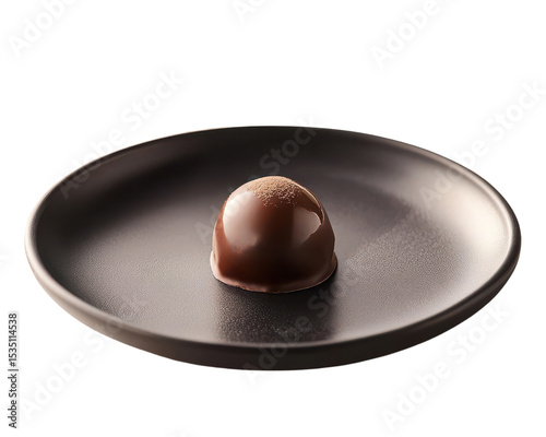 Delicious chocolate truffle with cocoa powder on a black ceramic plate
