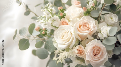 Artful Bridal Arrangement with Soft Cream Roses, Delicate Blush Peonies and Vibrant Eucalyptus Captured from a Distinguished Angle