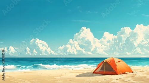 A detailed illustration of a serene camping scene on a sandy beach with a tent, clear blue sky, and gentle ocean waves, evoking the peaceful spirit of summer vacations and nature exploration