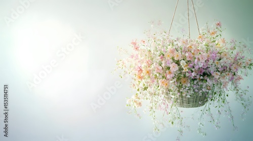 Elegant Vector Artwork Showing an Overflowing Hanging Basket Loaded with Pastel Blooms in a Clean Minimalist Setting