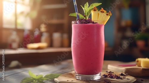 Detailed illustration featuring an exotic and gourmet Hibiscus Tea Pineapple Smoothie prepared in a rustic kitchen ambiance that highlights its aromatic freshness and artisanal quality