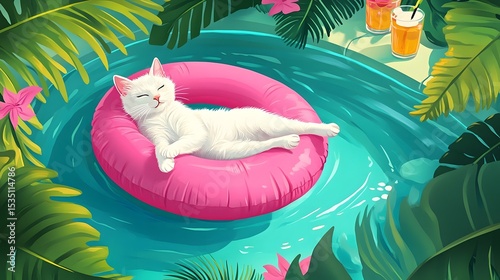 Serene Illustration of a White Cat Relaxing on a Pink Inflatable Ring in a Sparkling Turquoise Pool with Lush Tropical Foliage and Refreshing Drinks in a Minimalist 2D Vector Style