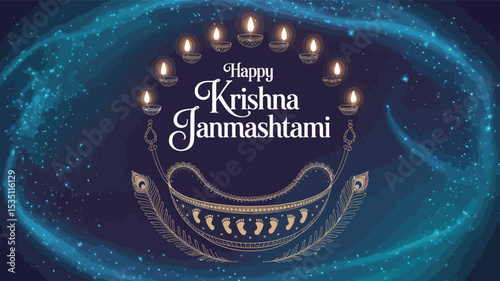 Happy Krishna Janmashtami with Decorated Swing Jhula and Floral Garland
