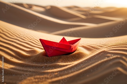 A red paper ship is moving across the desert sands
