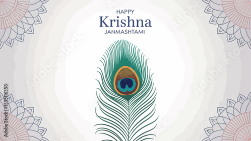 Elegant Krishna Janmashtami Greeting with Peacock Feather and Mandala