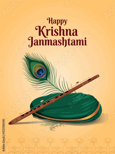 Happy Krishna Janmashtami Greeting with Flute and Peacock Feather Design