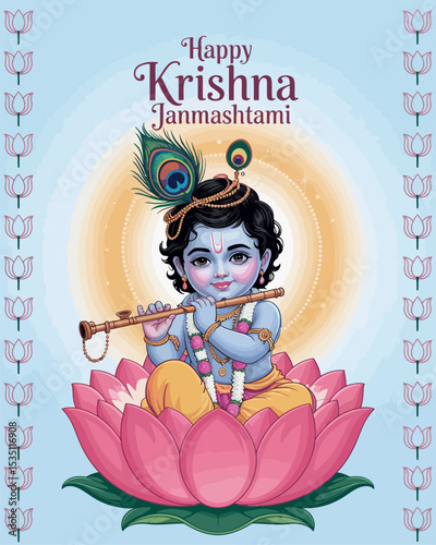 Happy Krishna Janmashtami with Lord Krishna Playing Flute and Lotus Background