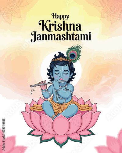 Happy Krishna Janmashtami with Lord Krishna Playing Flute and Lotus Background