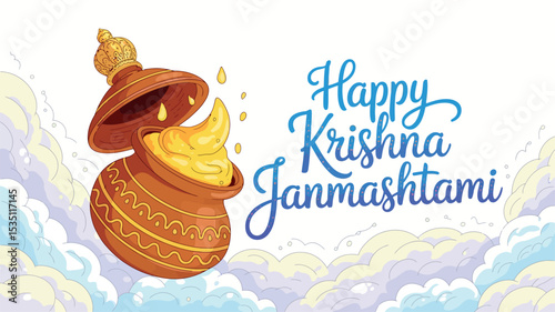 Happy Krishna Janmashtami Festival Wishes Butter Pot Design