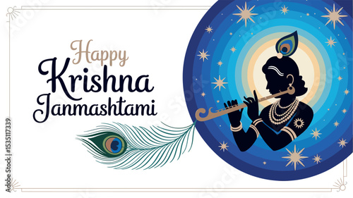 Happy Krishna Janmashtami with Lord Krishna Playing Flute and Lotus Background