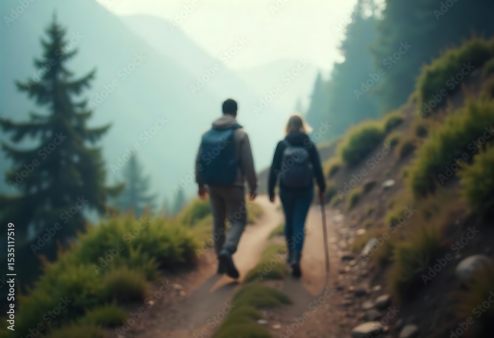 Fototapeta premium Generative AI Mountain Trail Wanderlust: A Blurred Couple's Journey