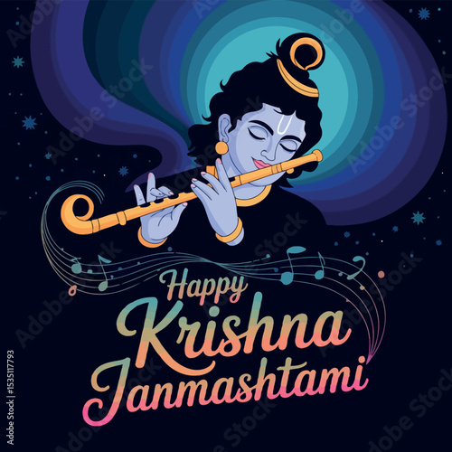 Happy Krishna Janmashtami with Lord Krishna Playing Flute and Lotus Background