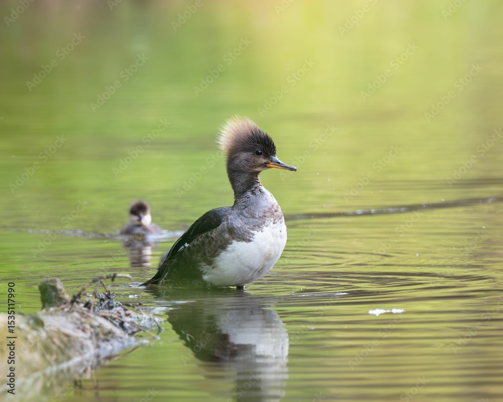 Female hooded merganser with chick on a pond. Female hooded merganser with chick on a pond.
