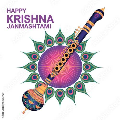 Happy Krishna Janmashtami Greeting with Decorative Flute Design