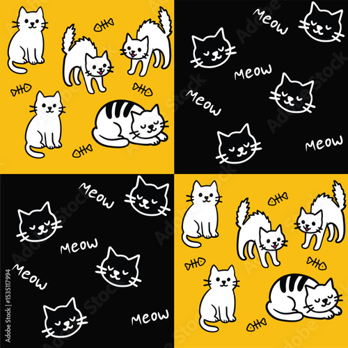 Cat's meow illustration of seamless pattern in black and yellow background