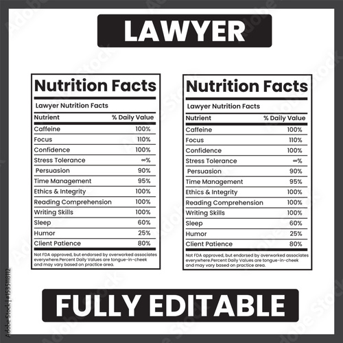 lawyer nutrition facts
legal profession parody label
attorney nutrition label
legal expert infographic
law firm humor design
lawyer skills nutrition
courtroom nutrition facts
