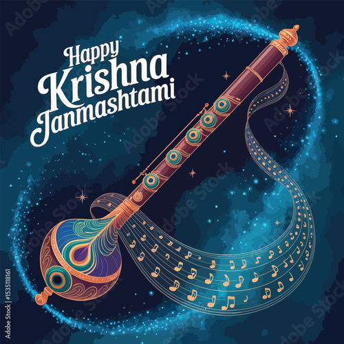 Happy Krishna Janmashtami Celebration with Musical Veena and Notes