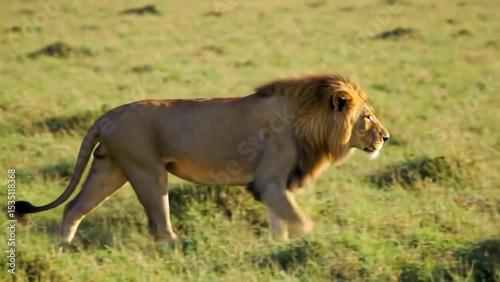 Male lion walking alone across open grassy plain in warm daylight setting. Wildlife concept
