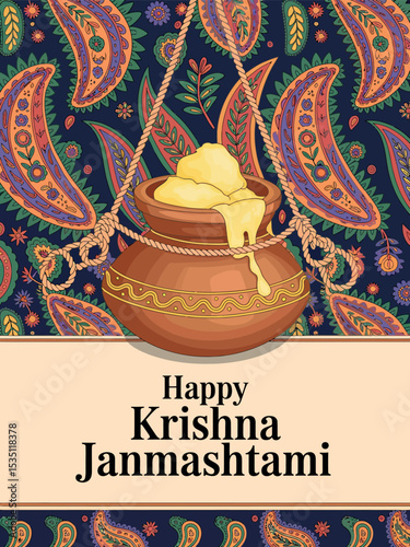 Happy Krishna Janmashtami Festival Wishes Butter Pot Design