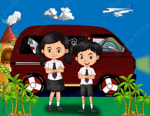 Cartoon School Kids Travel in Van | Multicultural Children Adventure | Cute Students in Uniform with Fantasy Background