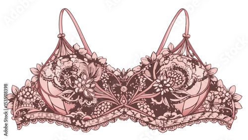 Delicate lace bralette in soft blush pink displayed in close-up on white background. The intricate floral pattern and scalloped edges make it perfect for elegant vector fashion illustrations.


