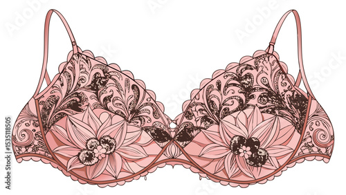 Delicate lace bralette in soft blush pink displayed in close-up on white background. The intricate floral pattern and scalloped edges make it perfect for elegant vector fashion illustrations.

