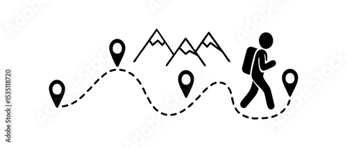 Hiker walking mountain trail with location path icons