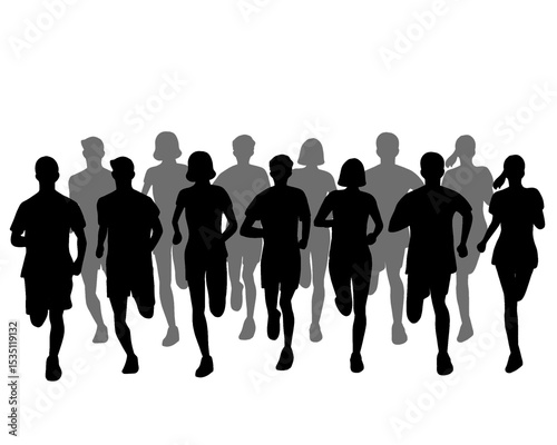 Silhouette of crowd of young people running, morning jogging, isolated icon on white background.