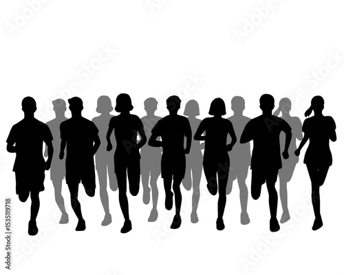 Silhouette of crowd of young people running, morning jogging, isolated icon on white background.