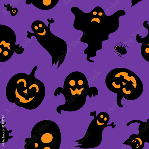 Seamless pattern Halloween featuring ghosts, pumpkins, and spiders on a purple background for festive decoration