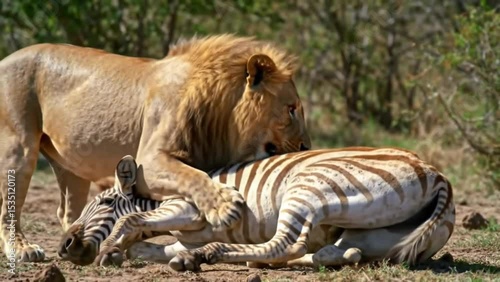 Lion biting zebra neck in deadly moment of wildlife hunt on savannah ground. Wildlife concept
